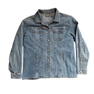 Additions by Chicos Denim Shirt Jacket Button Front Long Sleeve Jean Top Size 1